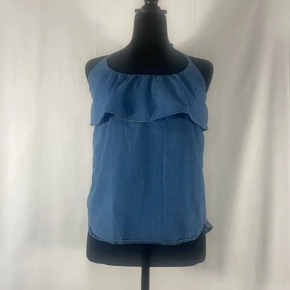 Chambray, denim, halter tie top, Blue, Small - Picture 1 of 10